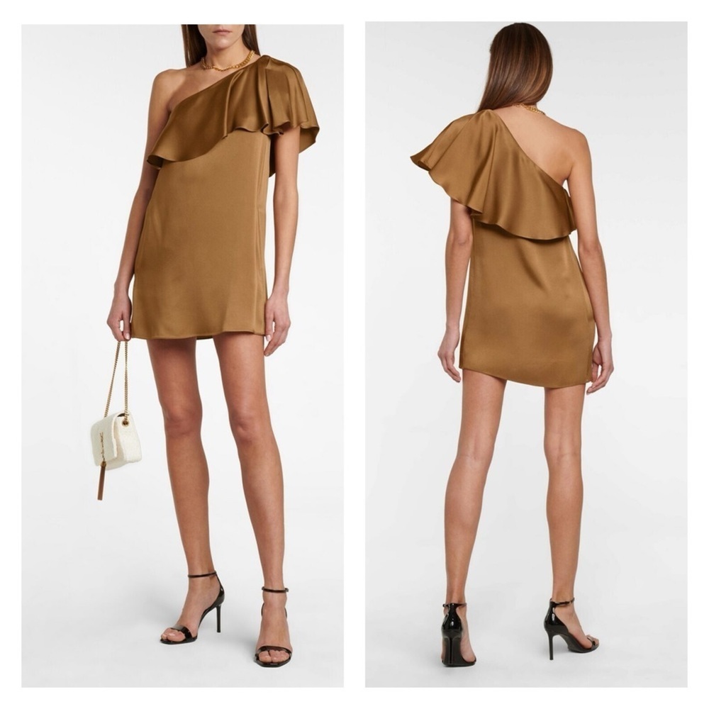 Saint Laurent Gold Satin One Shoulder Ruffle Mini Dress FR 38 US 6 NWT Cocktail - Picture 3 of 16